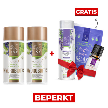 Koop 2 Hydrobiotic-producten met lavendelgeur en ontvang gratis een lavendelshampoo, etherische olie en badzout