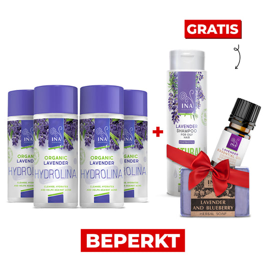 Koop 4 Hydrolina met Lavendel en ontvang 1 Lavendel Shampoo, etherische olie en zeep gratis