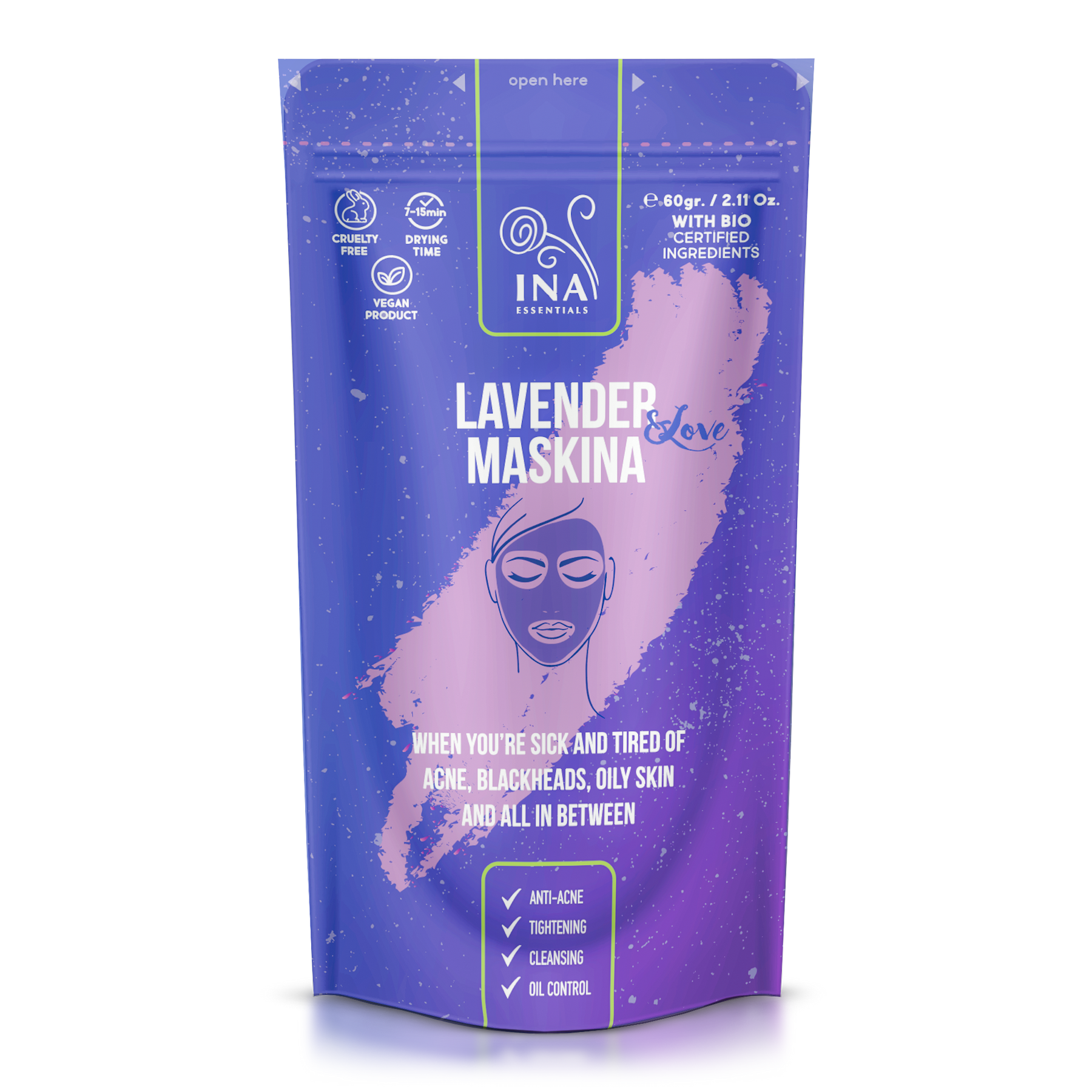 Gezichtsmasker - Lavendel Maskina - intensieve verzorging voor de Vette probleemhuid